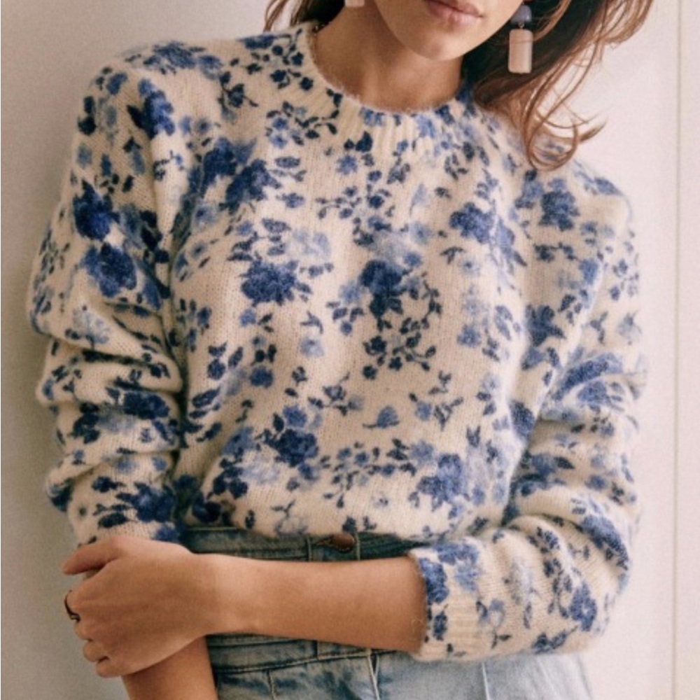 Sézane Blue Floral Crew Neck Sweater
